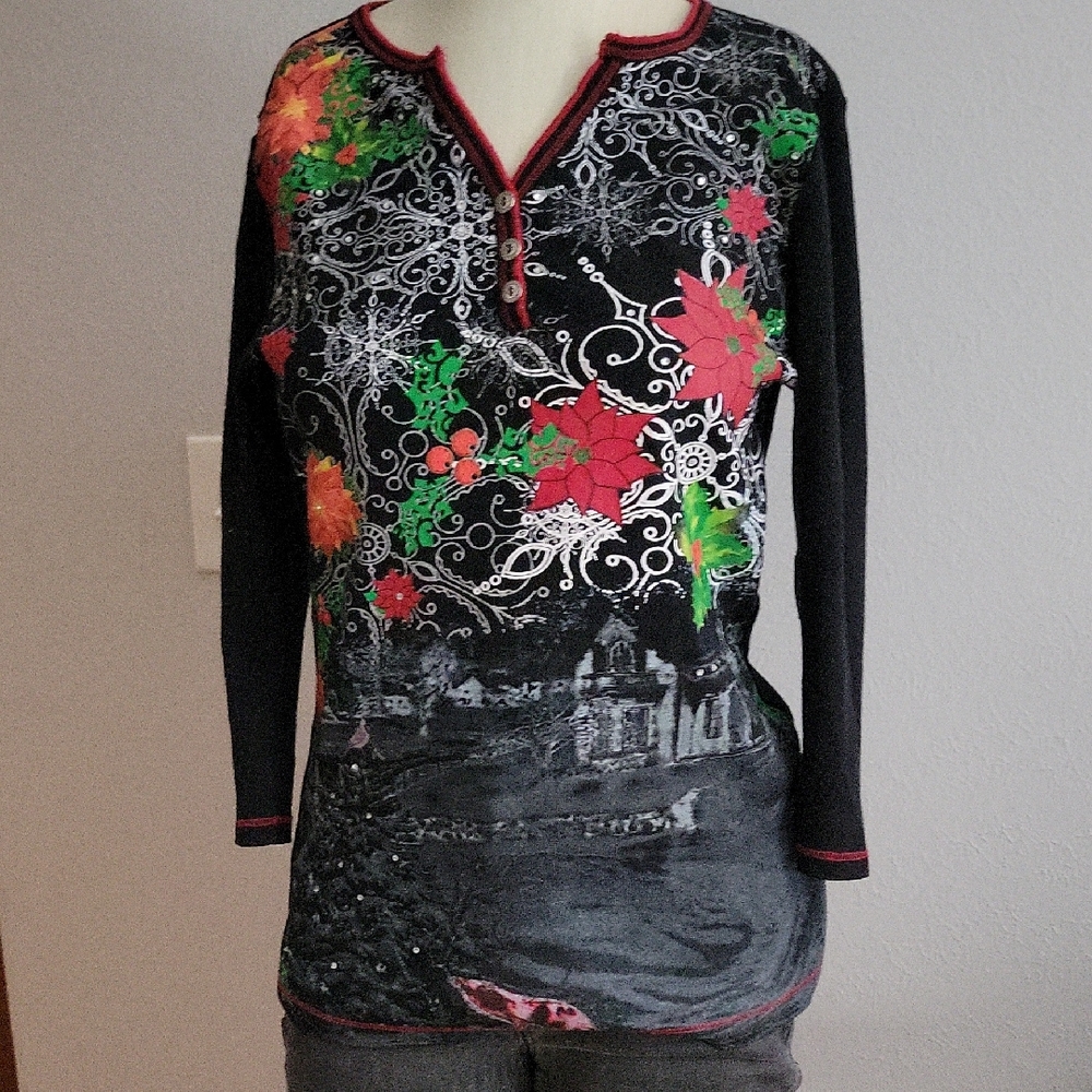 Hillard & Hanson Pink and Green Graphic Polo Blouse